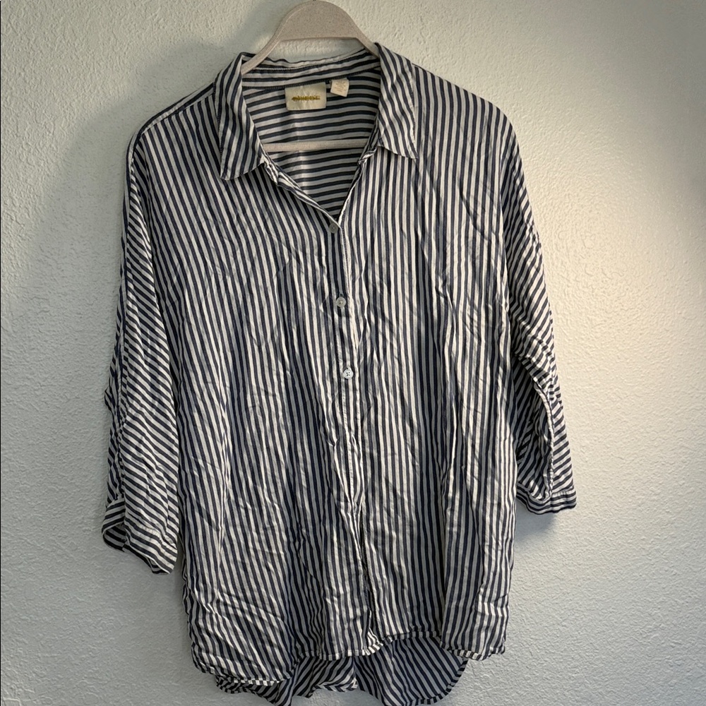 Chico's Navy and White Striped Button-Up Top